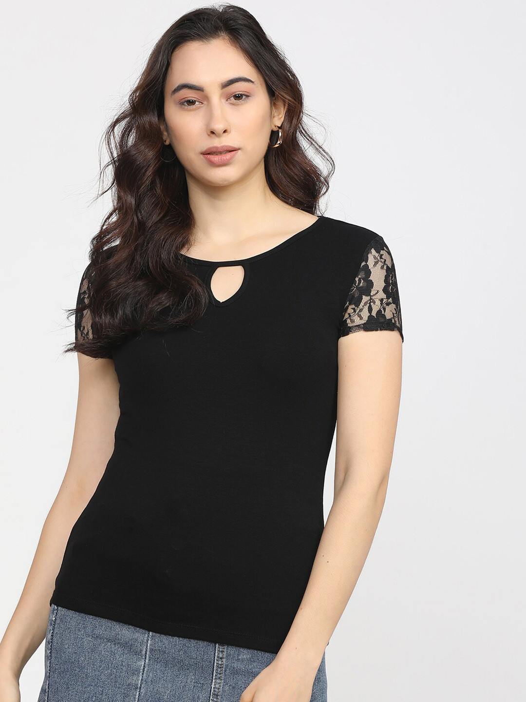 

Tokyo Talkies Black Keyhole Neck Lace Inserts Top