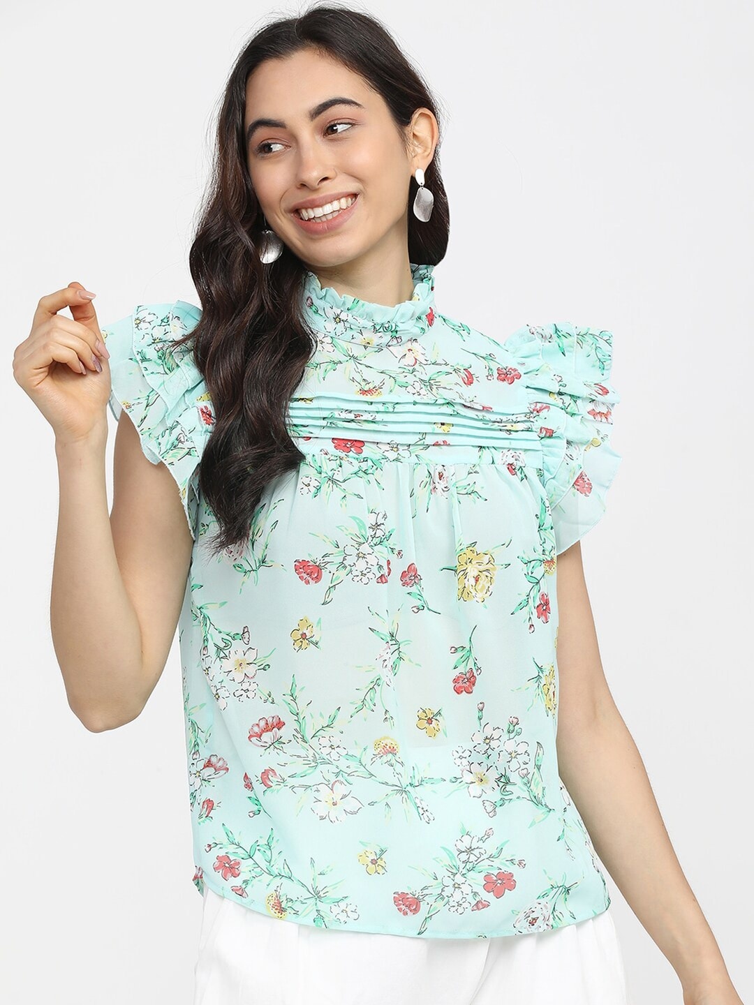 

Tokyo Talkies Turquoise Blue & Pink Floral Printed A-Line Top