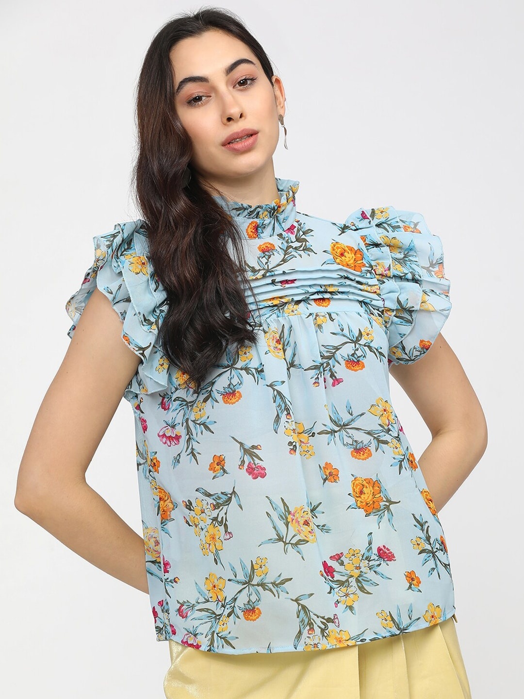 

Tokyo Talkies Blue & Yellow Floral Printed A-Line Top