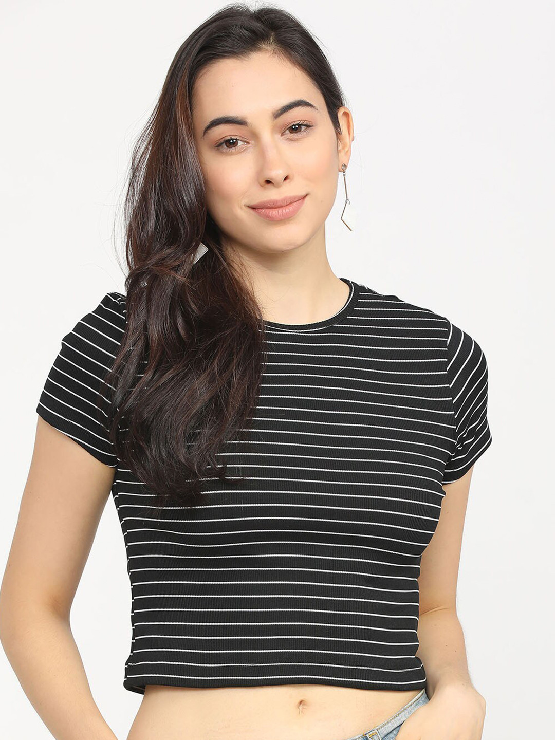 

Tokyo Talkies Black & White Striped Regular Crop Top