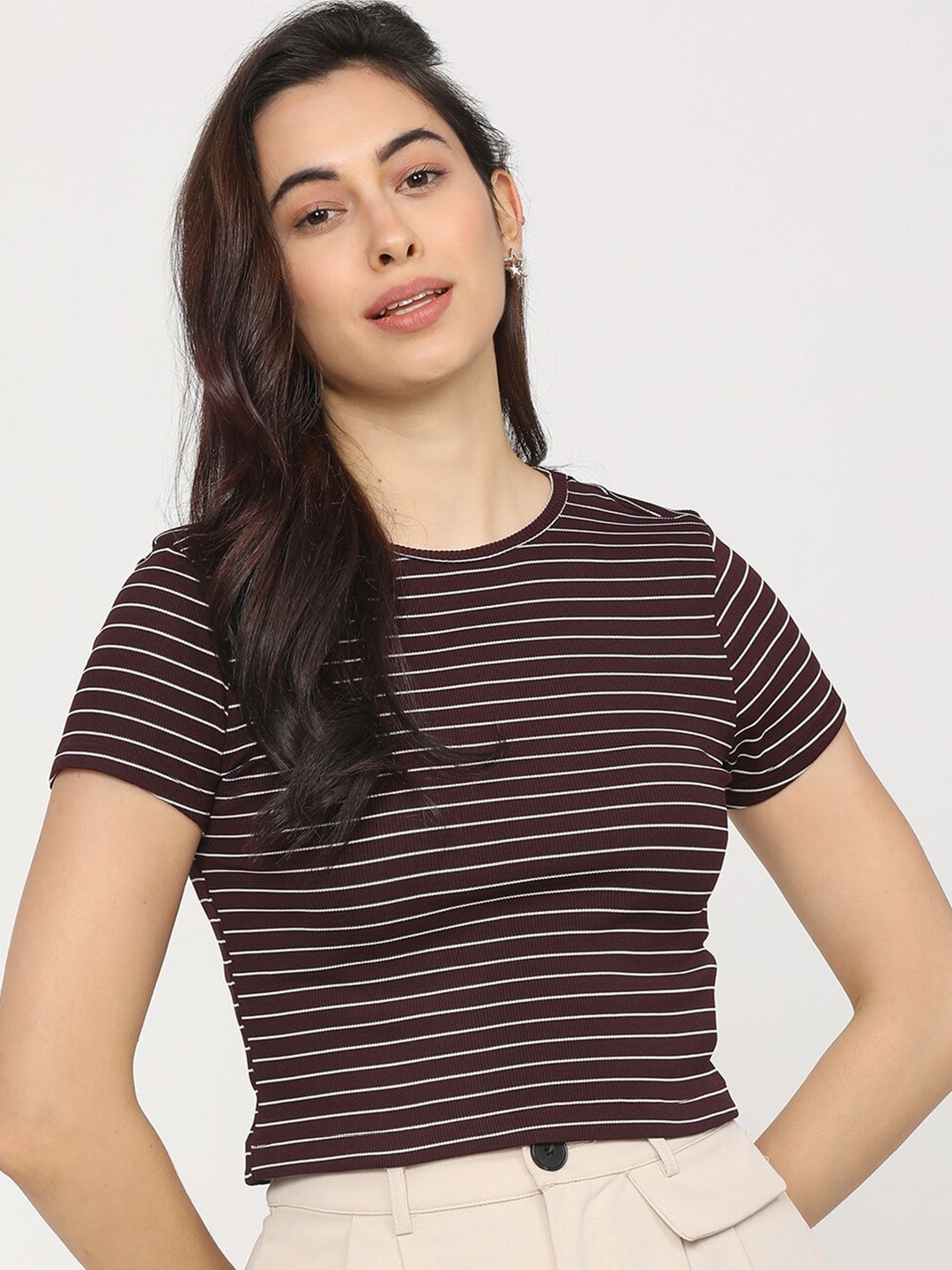 

Tokyo Talkies Maroon Striped Regular Top