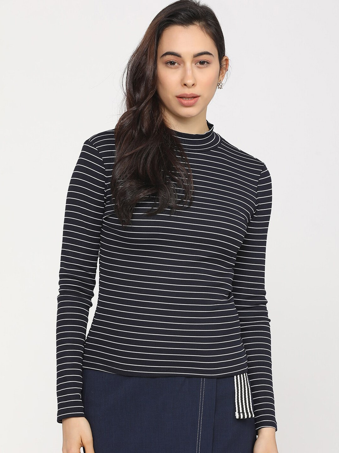 

Tokyo Talkies Navy Blue Striped Regular Top