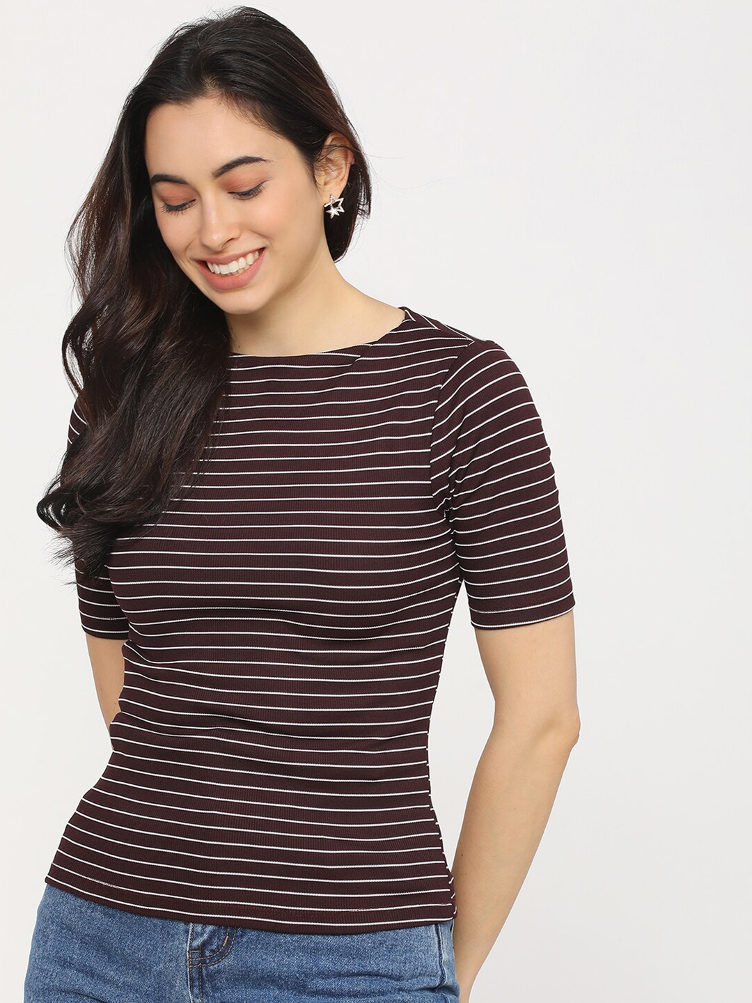 

Tokyo Talkies Maroon Striped Regular Top