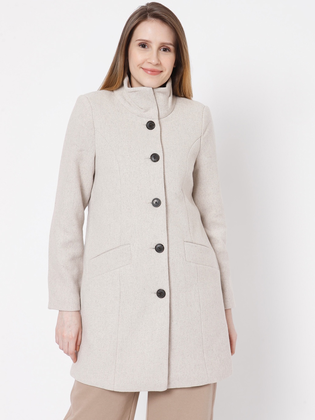 

Vero Moda Women Off White Self Design Longline Trench Coat