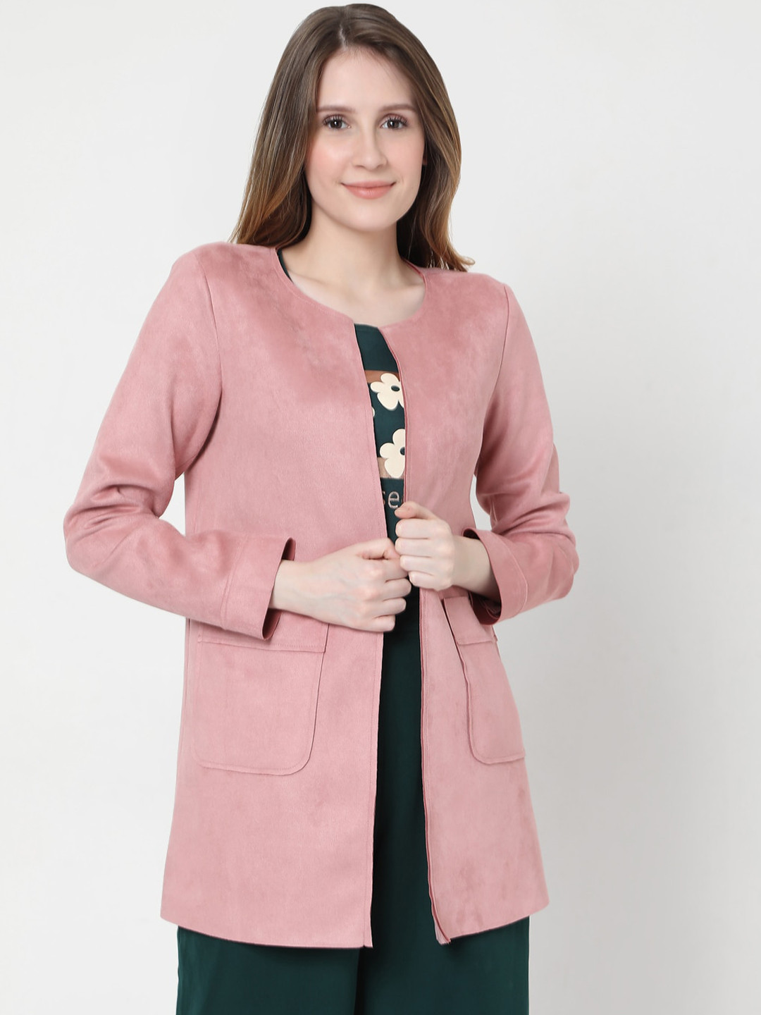 

Vero Moda Women Pink Solid Collarless Overcoat
