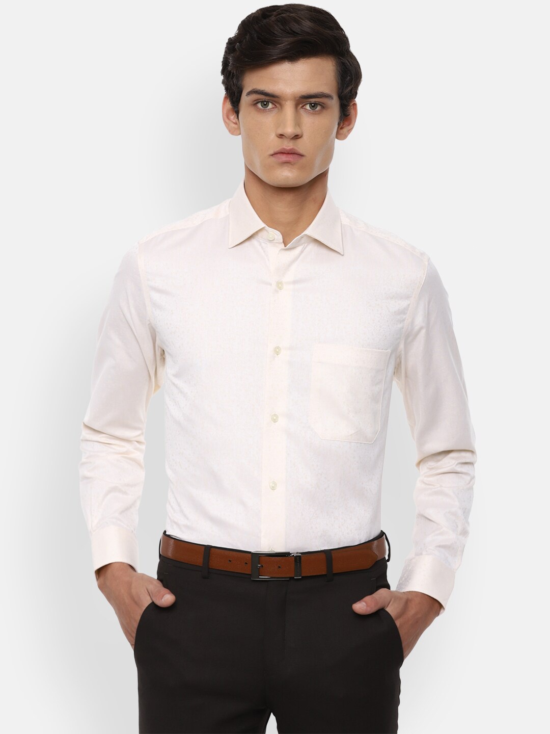 

Louis Philippe Gods & Kings Men Cream-Coloured Opaque Striped Formal Shirt