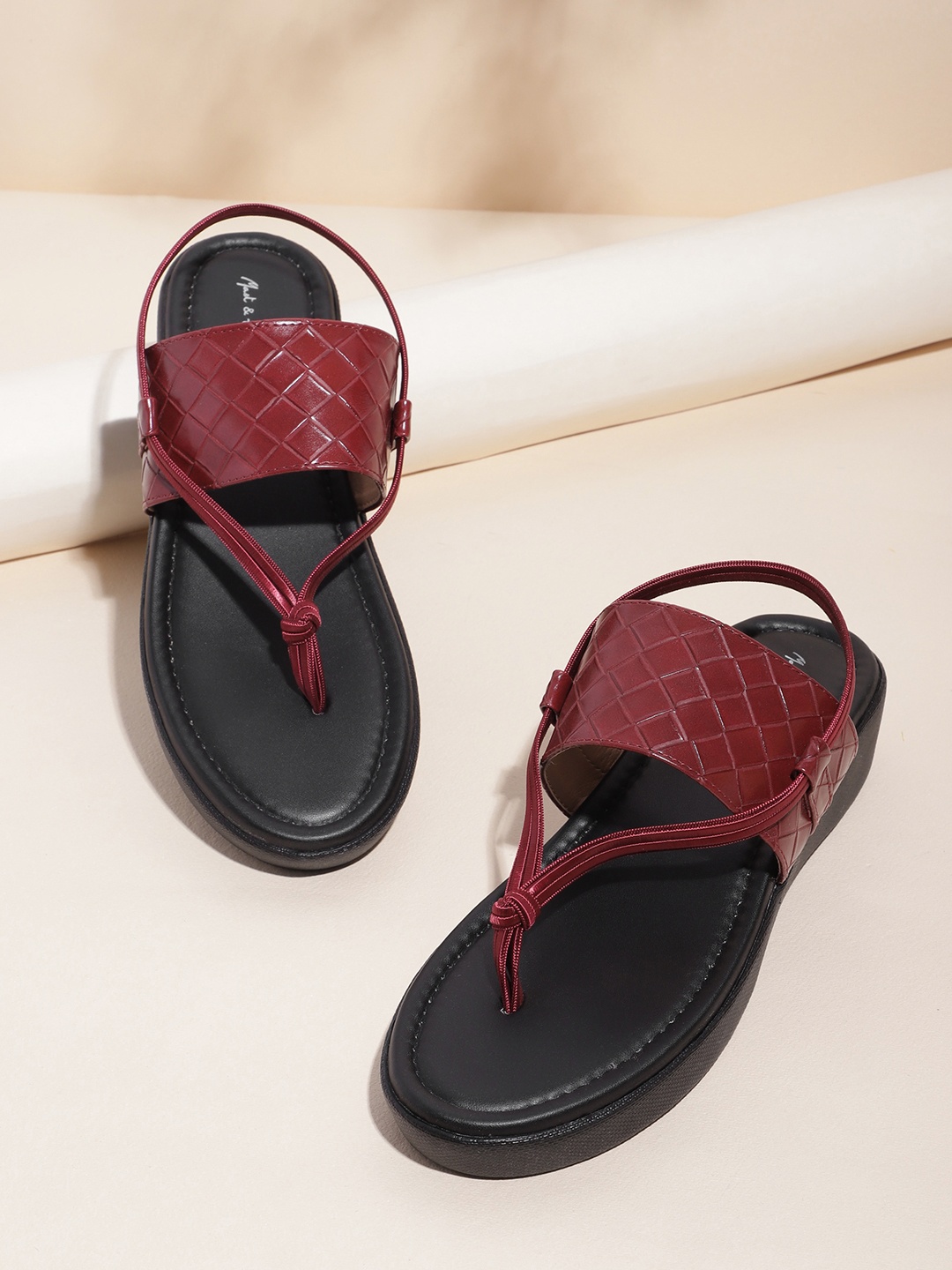 

Mast & Harbour Women Maroon Basketweave Textured Open Toe Flats