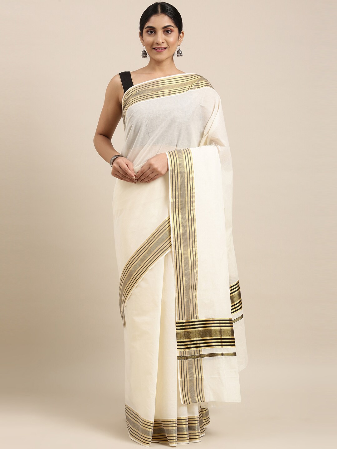 

The Chennai Silks Off White & Gold-Toned Zari Pure Cotton Fusion Kasavu Saree