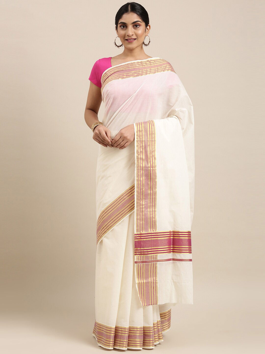 

The Chennai Silks Off White & Pink Zari Pure Cotton Kasavu Saree