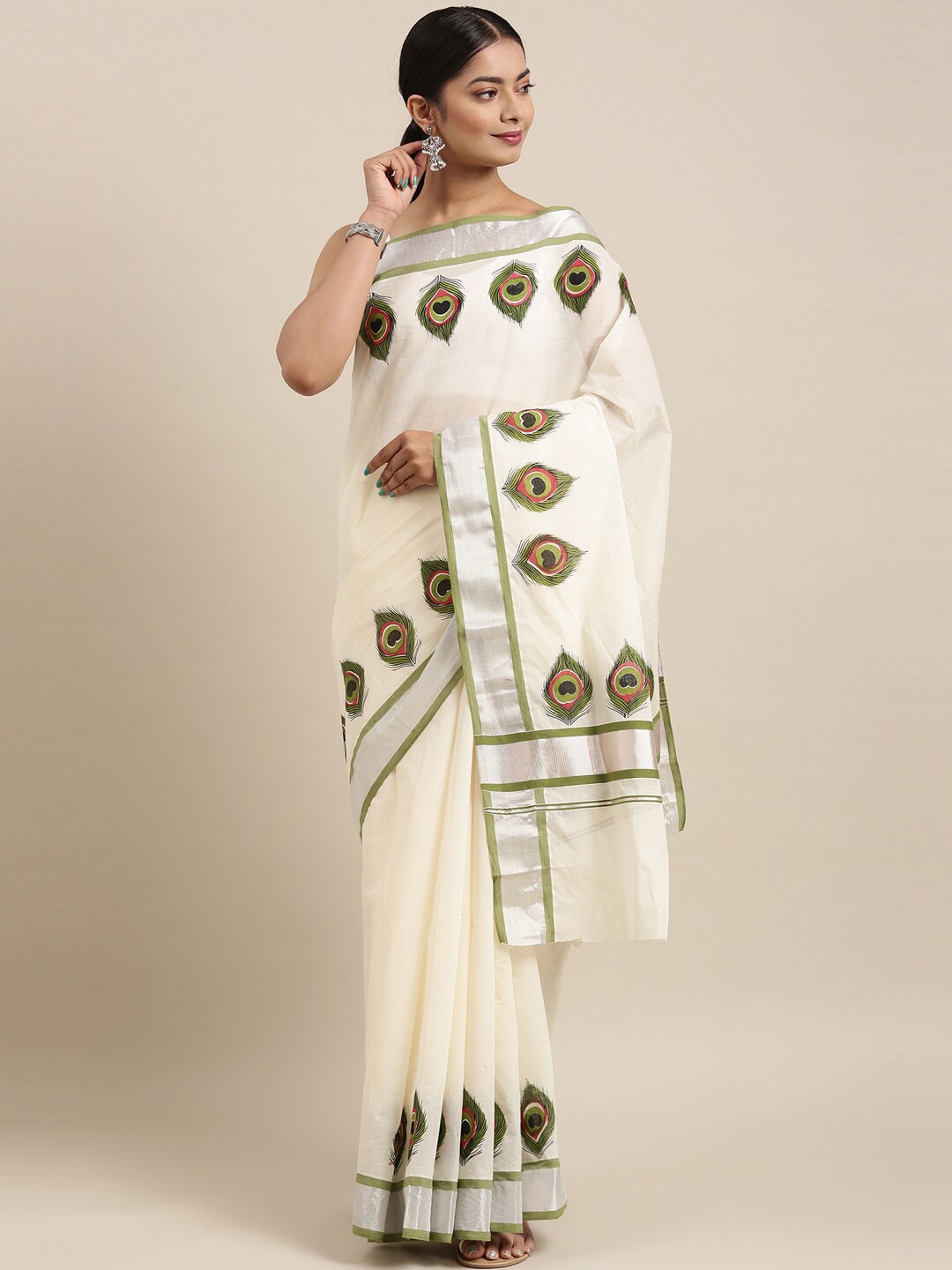 

The Chennai Silks Off White Printed Kerala Kasavu Saree
