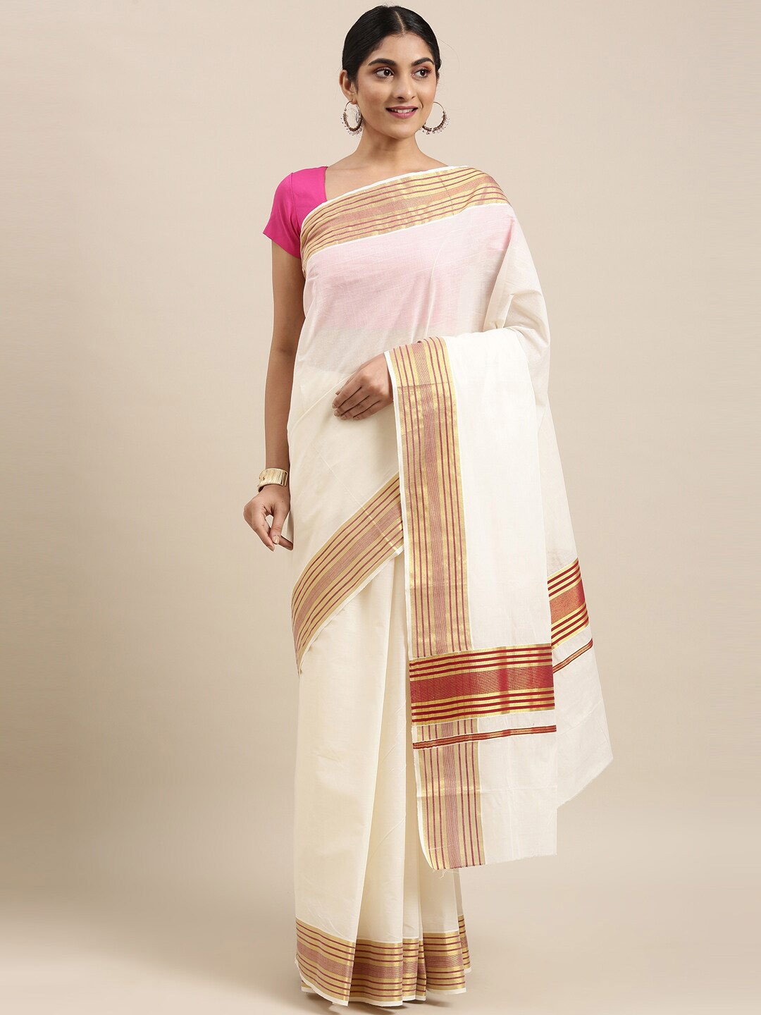 

The Chennai Silks Off White & Gold-Toned Zari Pure Cotton Kasavu Saree