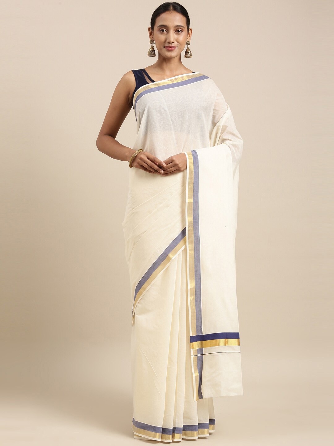 

The Chennai Silks Off White & Blue Pure Cotton Kasavu Saree