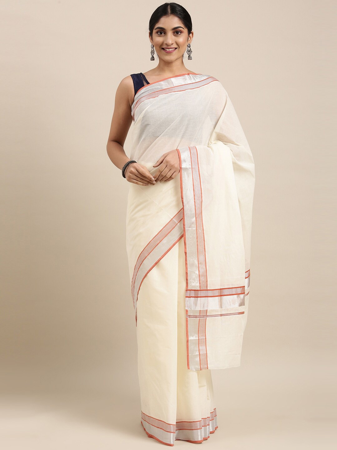 

The Chennai Silks Off White & Red Zari Pure Cotton Kasavu Saree