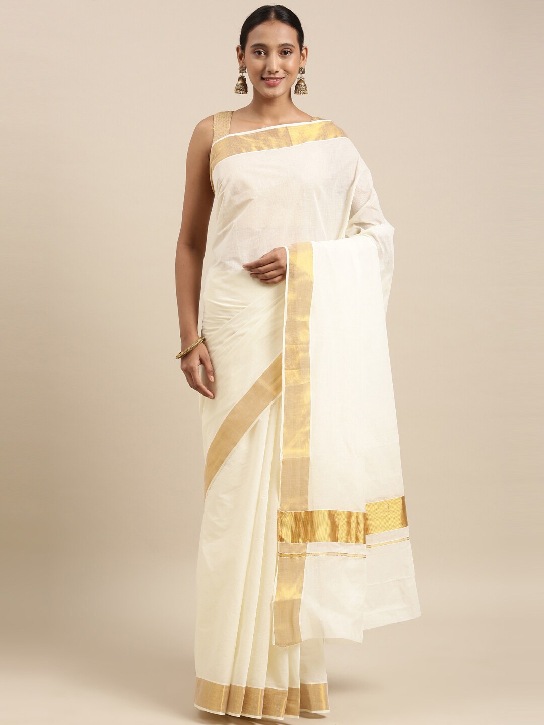 

The Chennai Silks Off White & Gold-Toned Zari Pure Cotton Fusion Kasavu Saree