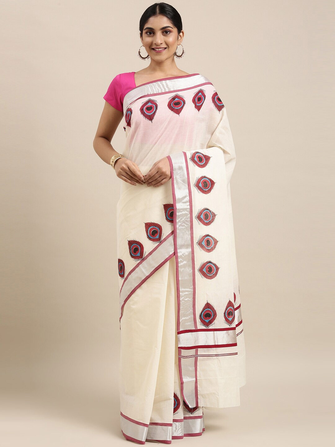 

The Chennai Silks Off White & Silver Ethnic Motifs Pure Cotton Kasavu Saree