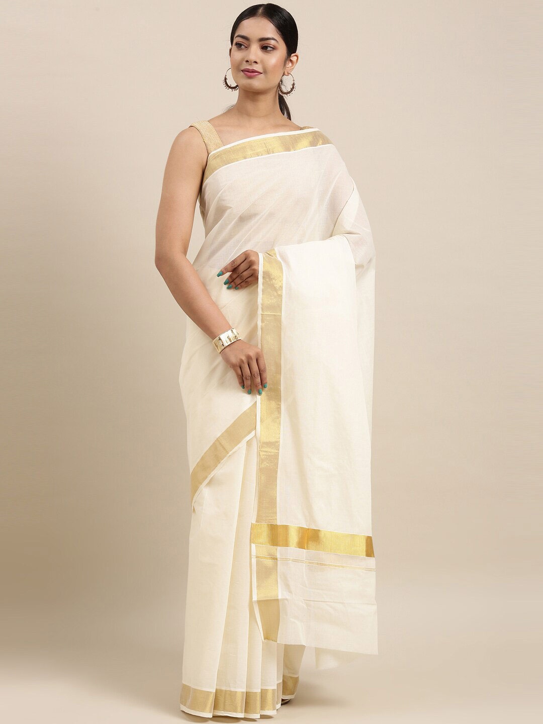 

The Chennai Silks Off White & Gold-Toned Zari Pure Cotton Kasavu Saree