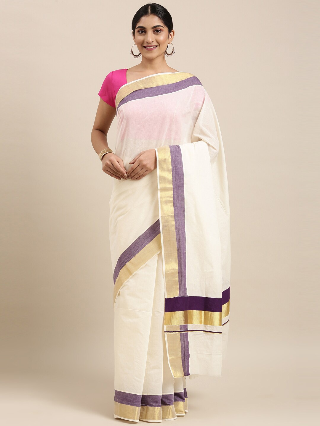 

The Chennai Silks Off White & Purple Zari Pure Cotton Kasavu Saree