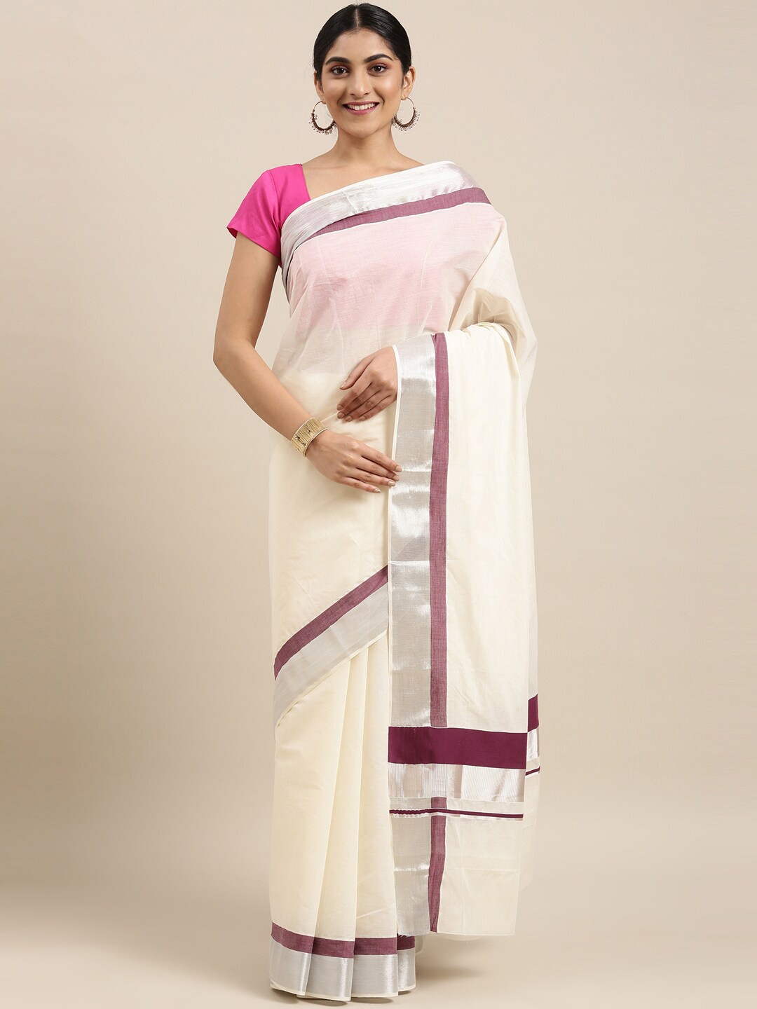 

The Chennai Silks Off White & Silver-Coloured Zari Pure Cotton Kasavu Saree