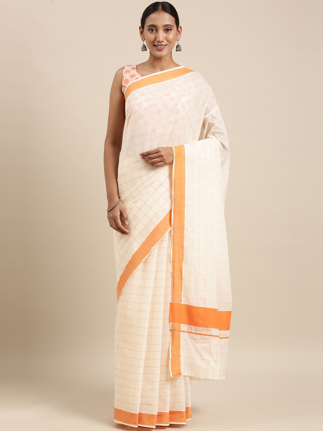 

The Chennai Silks Off White & Orange Checked Pure Cotton Kasavu Saree