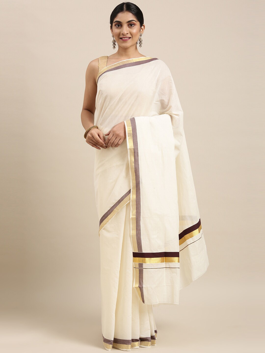 

The Chennai Silks Off White & Black Zari Pure Cotton Kasavu Saree