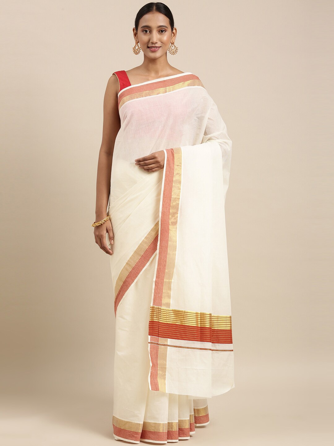 

The Chennai Silks Off White & Orange Pure Cotton Kasavu Saree