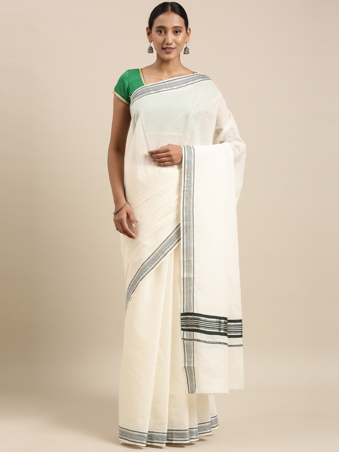 

The Chennai Silks Off White & Black Zari Pure Cotton Kasavu Saree