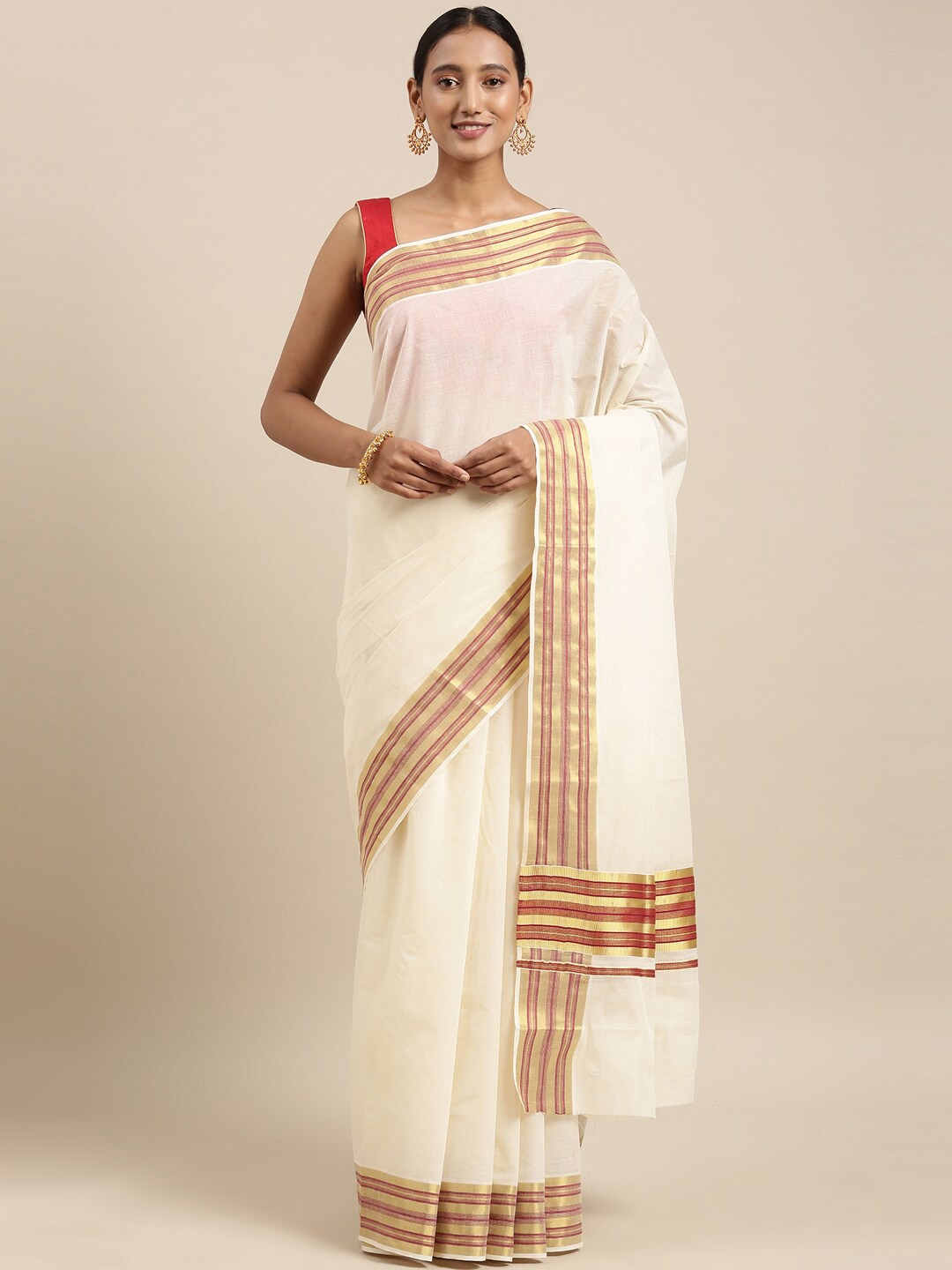 

The Chennai Silks Off White & Maroon Zari Pure Cotton Fusion Kasavu Saree