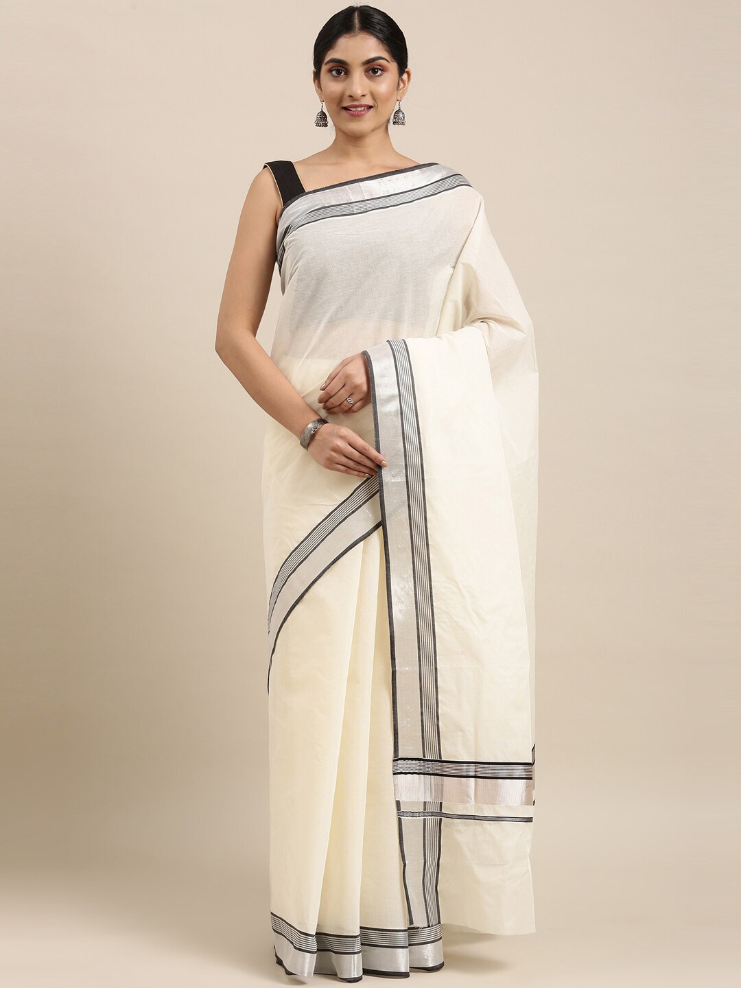 

The Chennai Silks Off White & Black Zari Pure Cotton Kasavu Saree