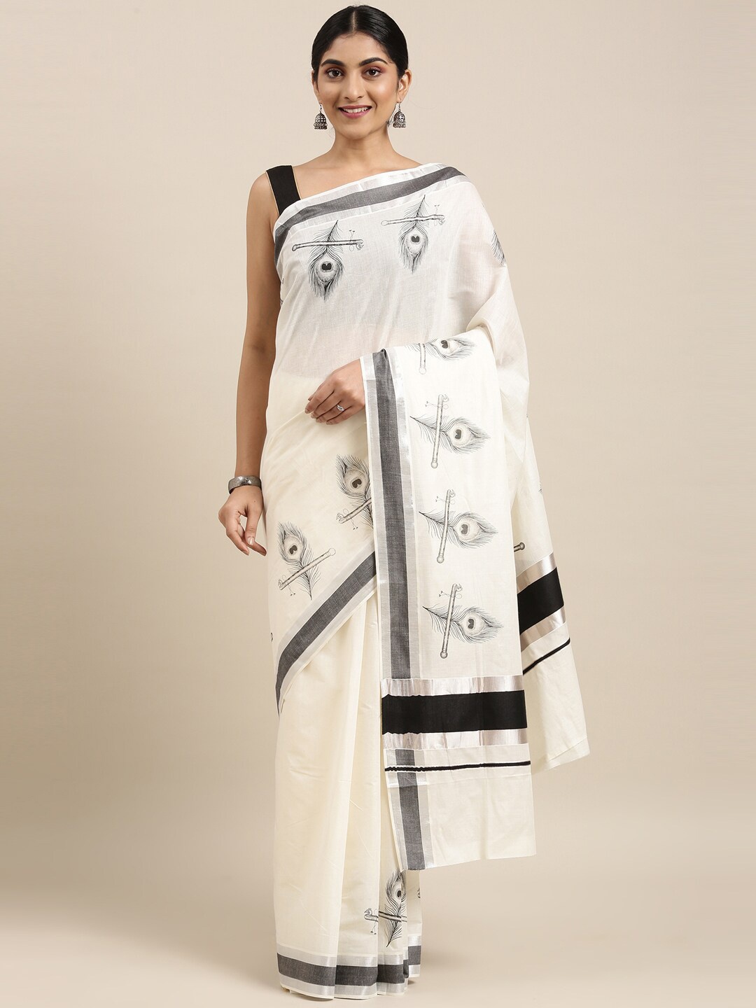 

The Chennai Silks Off White & Black Ethnic Motifs Zari Pure Cotton Kasavu Saree