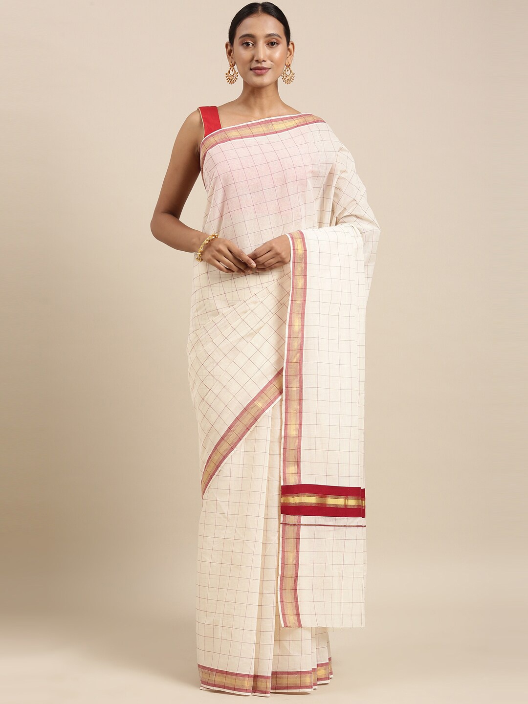 

The Chennai Silks Off White & Gold Checked Zari Pure Cotton Kasavu Saree