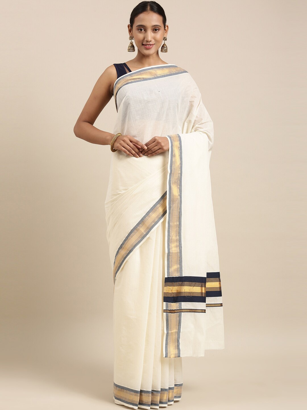 

The Chennai Silks Off White & Black Zari Pure Cotton Kasavu Saree