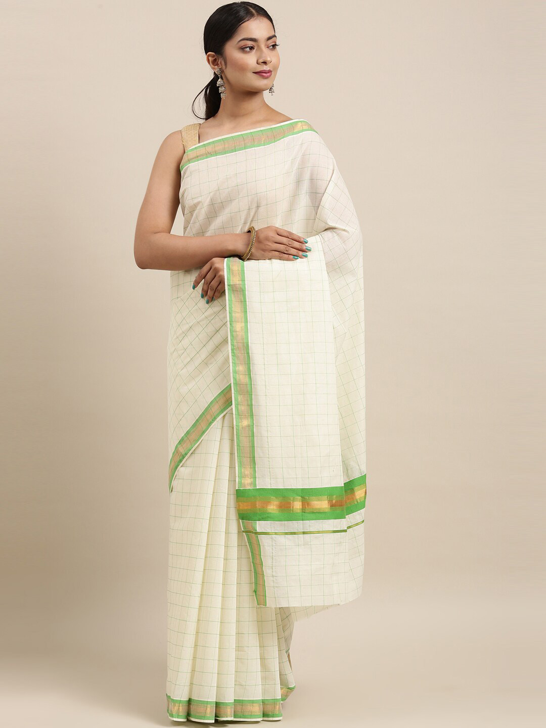 

The Chennai Silks Off White & Green Checked Zari Pure Cotton Kasavu Saree