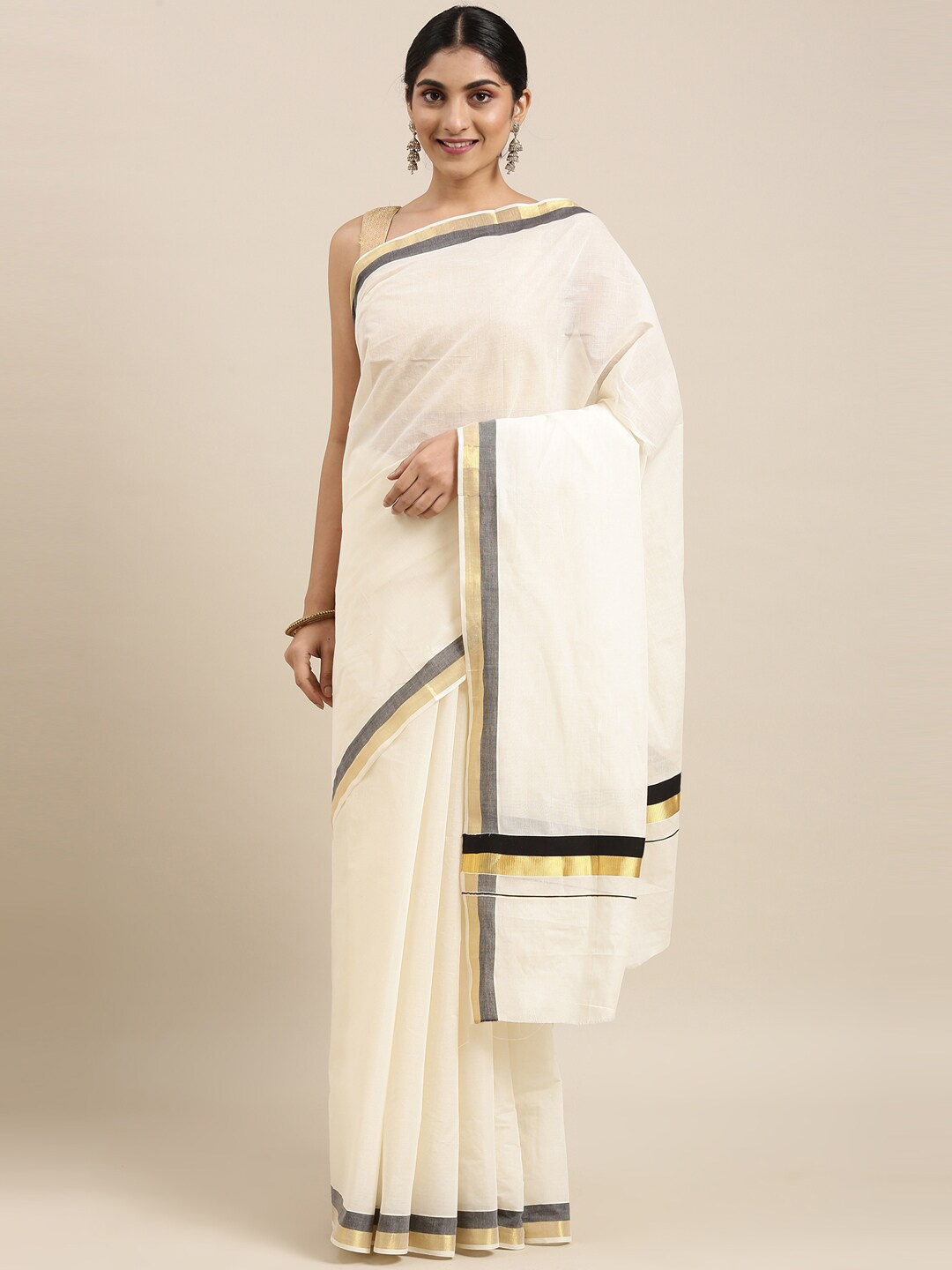 

The Chennai Silks Off White & Black Pure Cotton Kasavu Saree