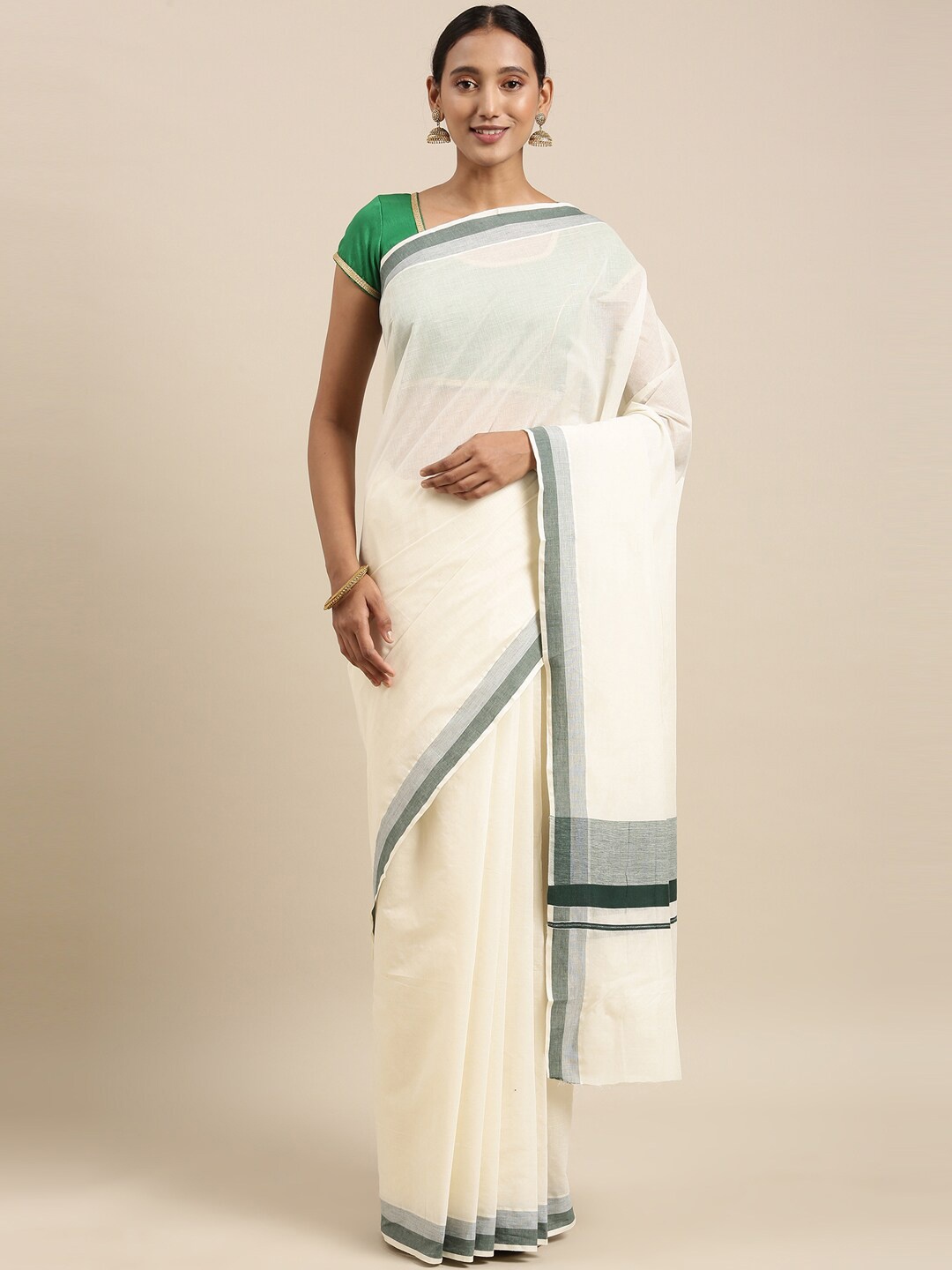 

The Chennai Silks Off White & Green Zari Pure Cotton Fusion Kasavu Saree