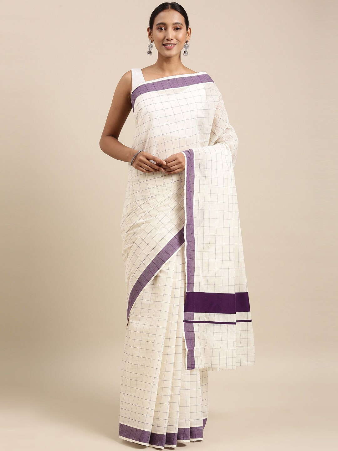 

The Chennai Silks Off White & Purple Checked Zari Pure Cotton Kasavu Saree