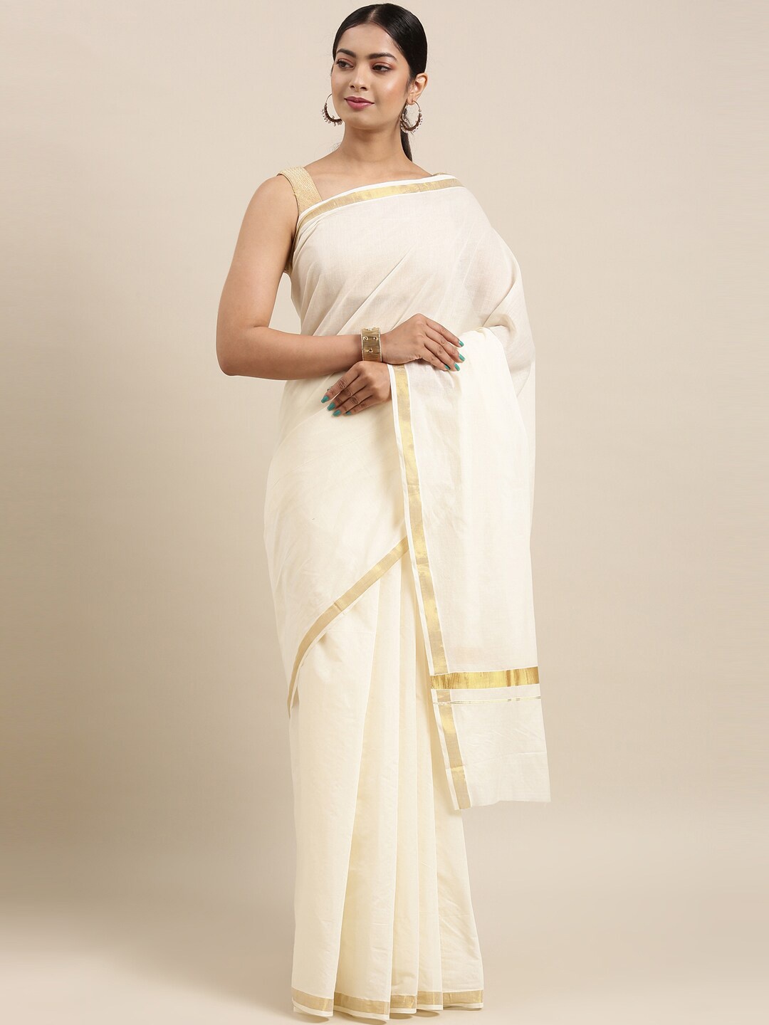 

The Chennai Silks Off White & Gold-Toned Zari Pure Cotton Fusion Kasavu Saree