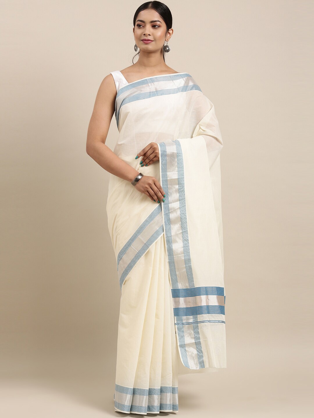 

The Chennai Silks Off White & Blue Zari Pure Cotton Kasavu Saree