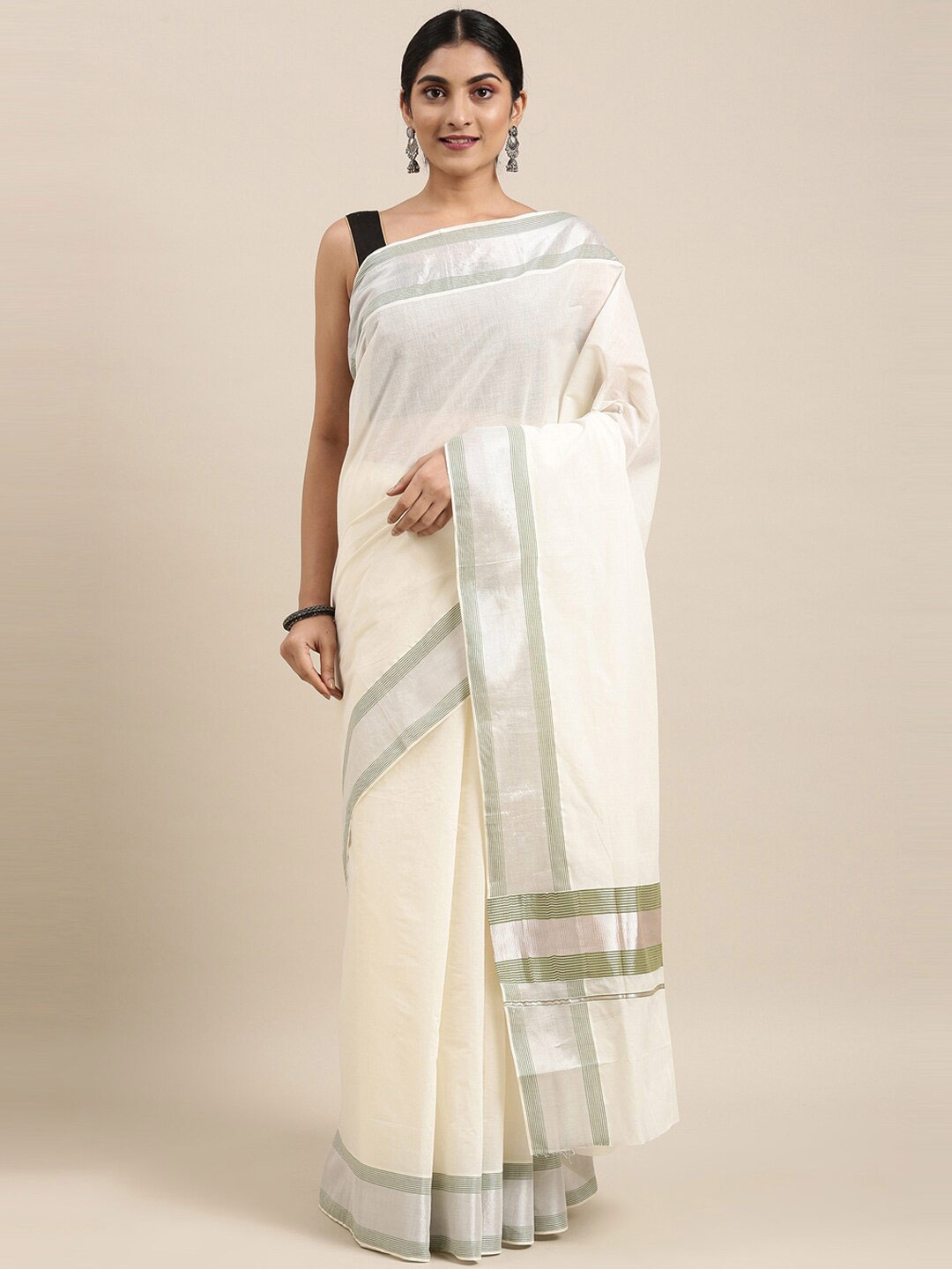 

The Chennai Silks Off White & Green Zari Pure Cotton Kasavu Saree