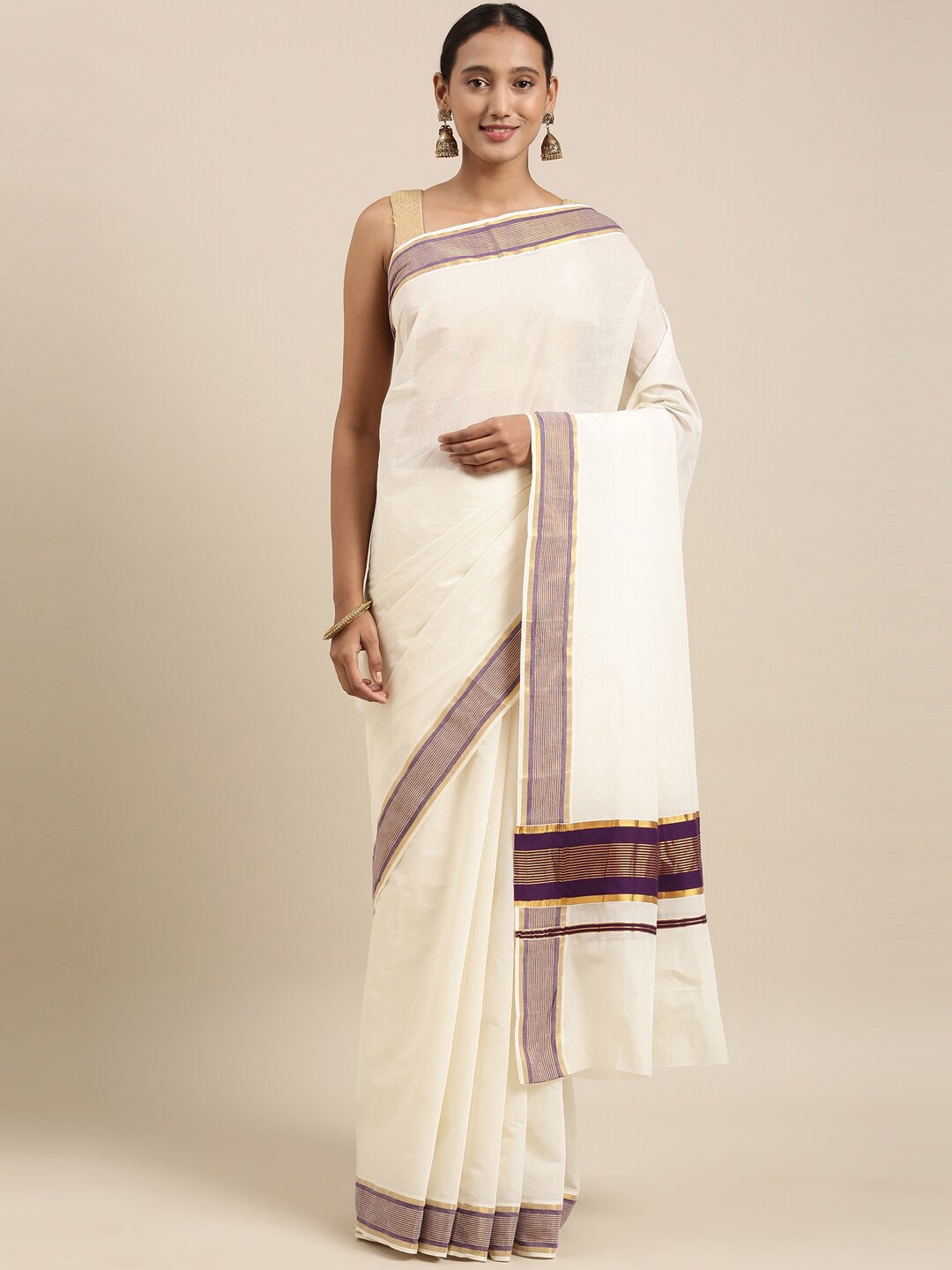 

The Chennai Silks Off White Woven Design Kerala Pure Cotton Kasavu Saree
