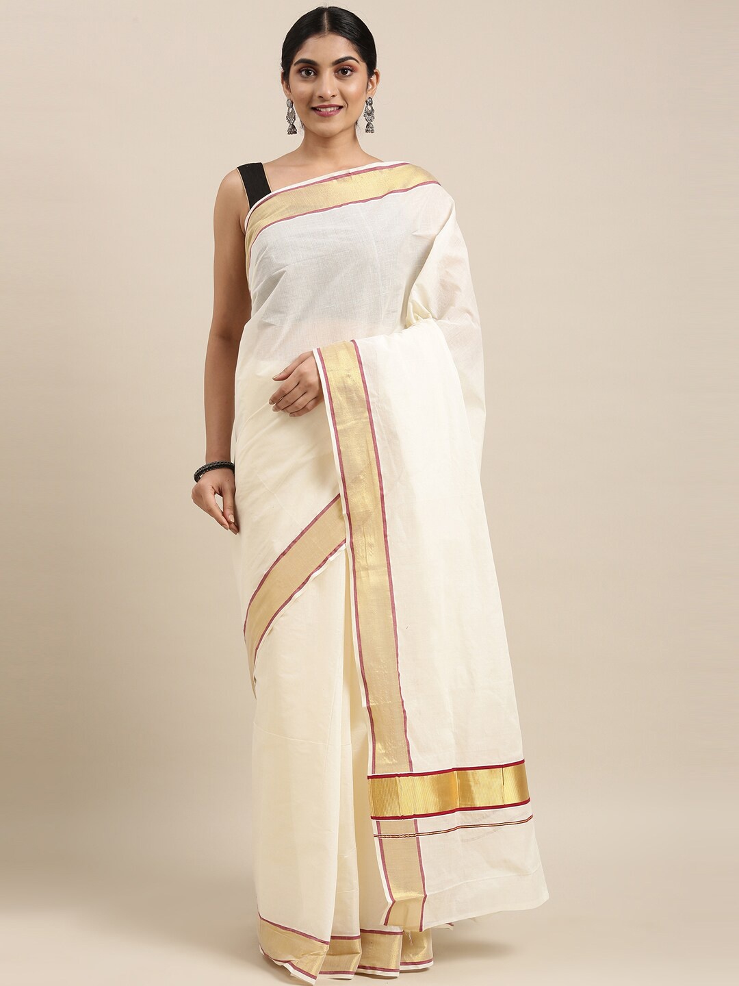 

The Chennai Silks Off White & Gold-Toned Zari Pure Cotton Kasavu Saree