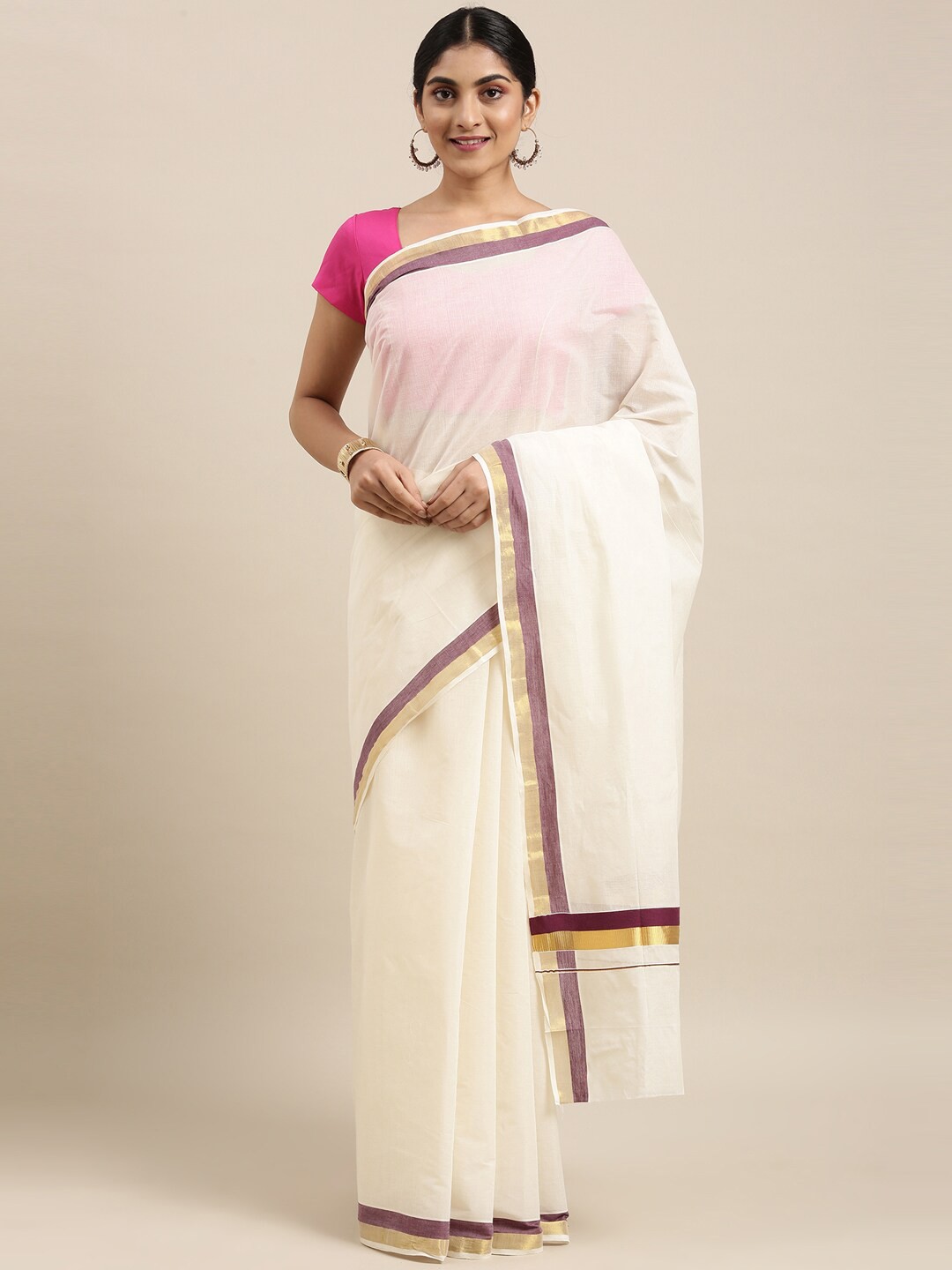 

The Chennai Silks Off White & Gold Zari Pure Cotton Kasavu Saree