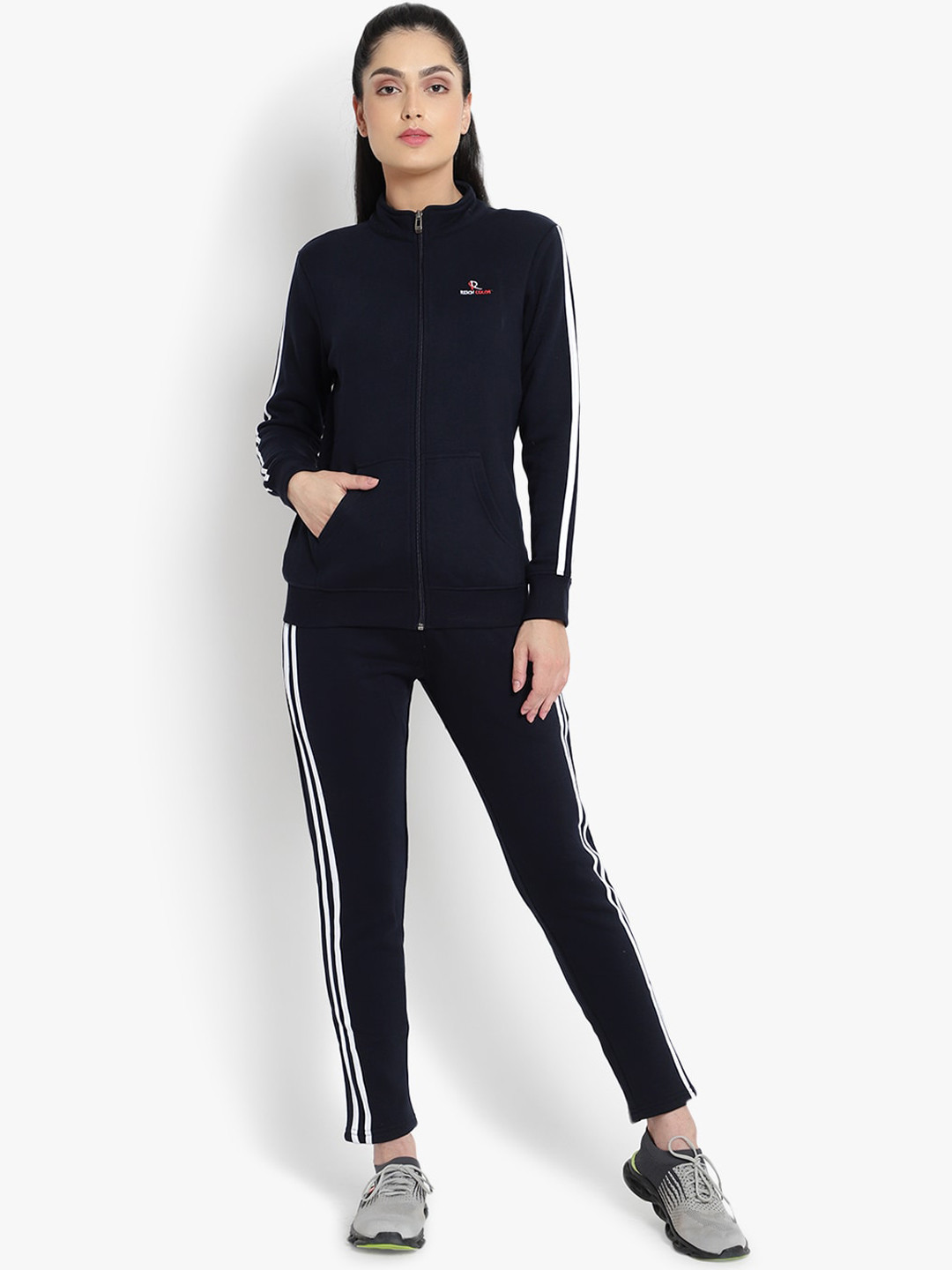 

Reich Color Women Navy Blue & White Striped Slim-Fit Track Suit