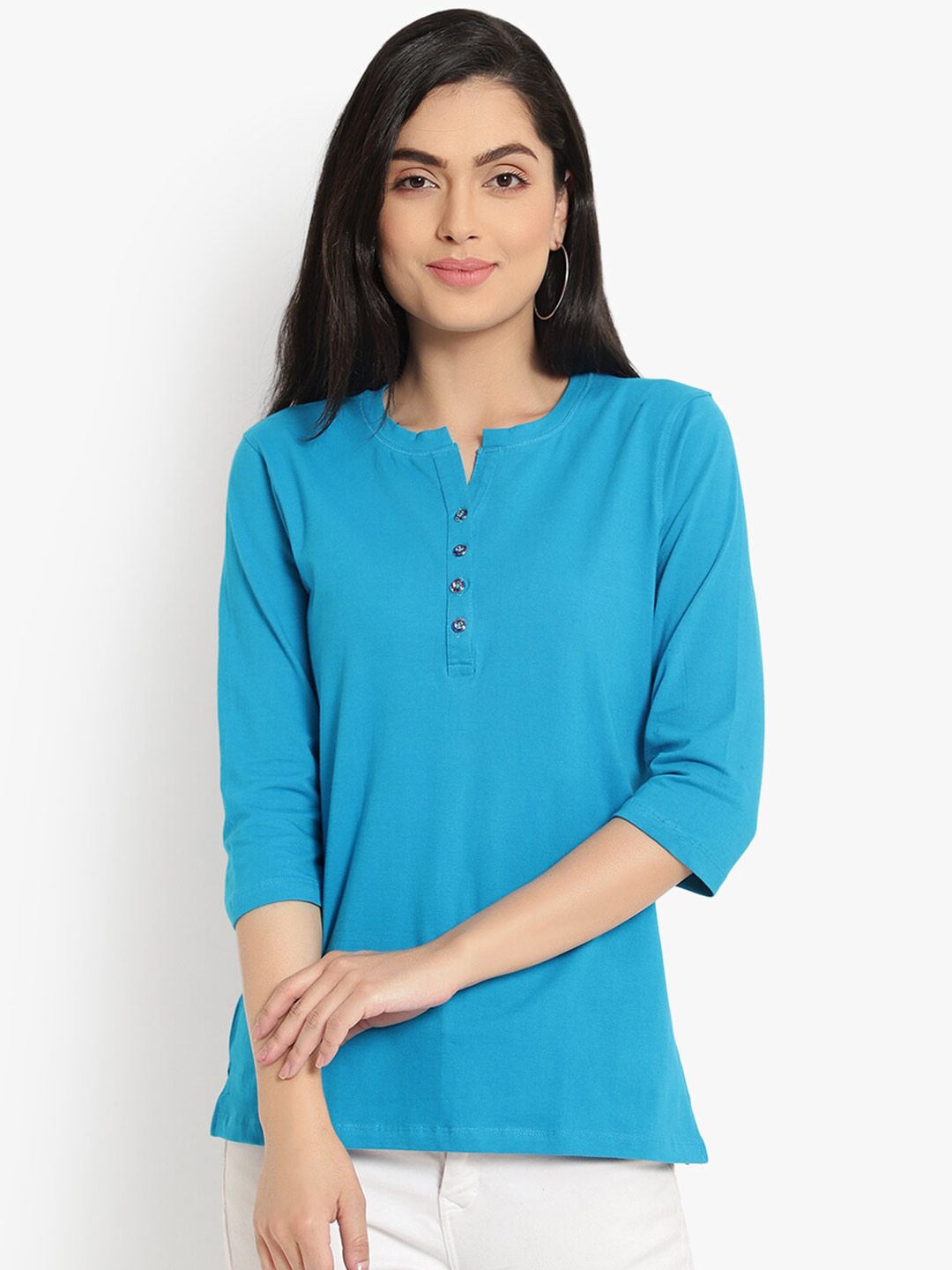 

Reich Color Blue Mandarin Collar Regular Top