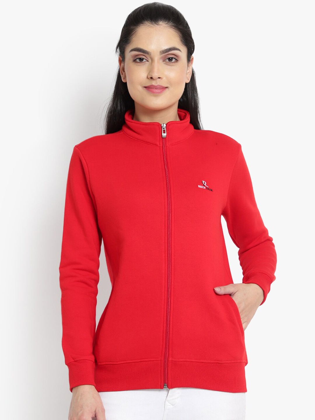 

Reich Color Women Red Fleece Lightweight Bomber Jacket