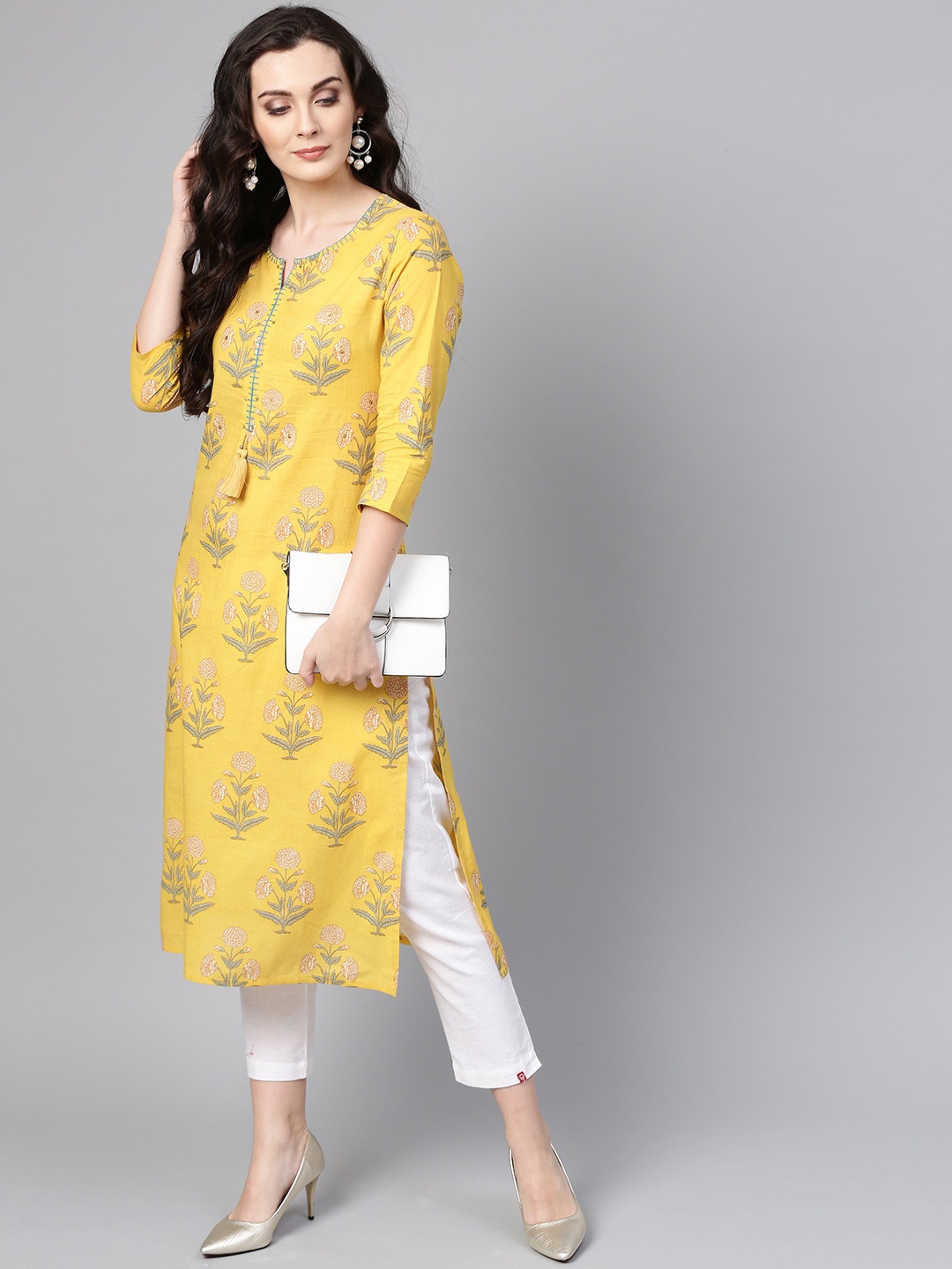 

Varanga Women Mustard Yellow Floral Printed Keyhole Neck Thread Work Kurta