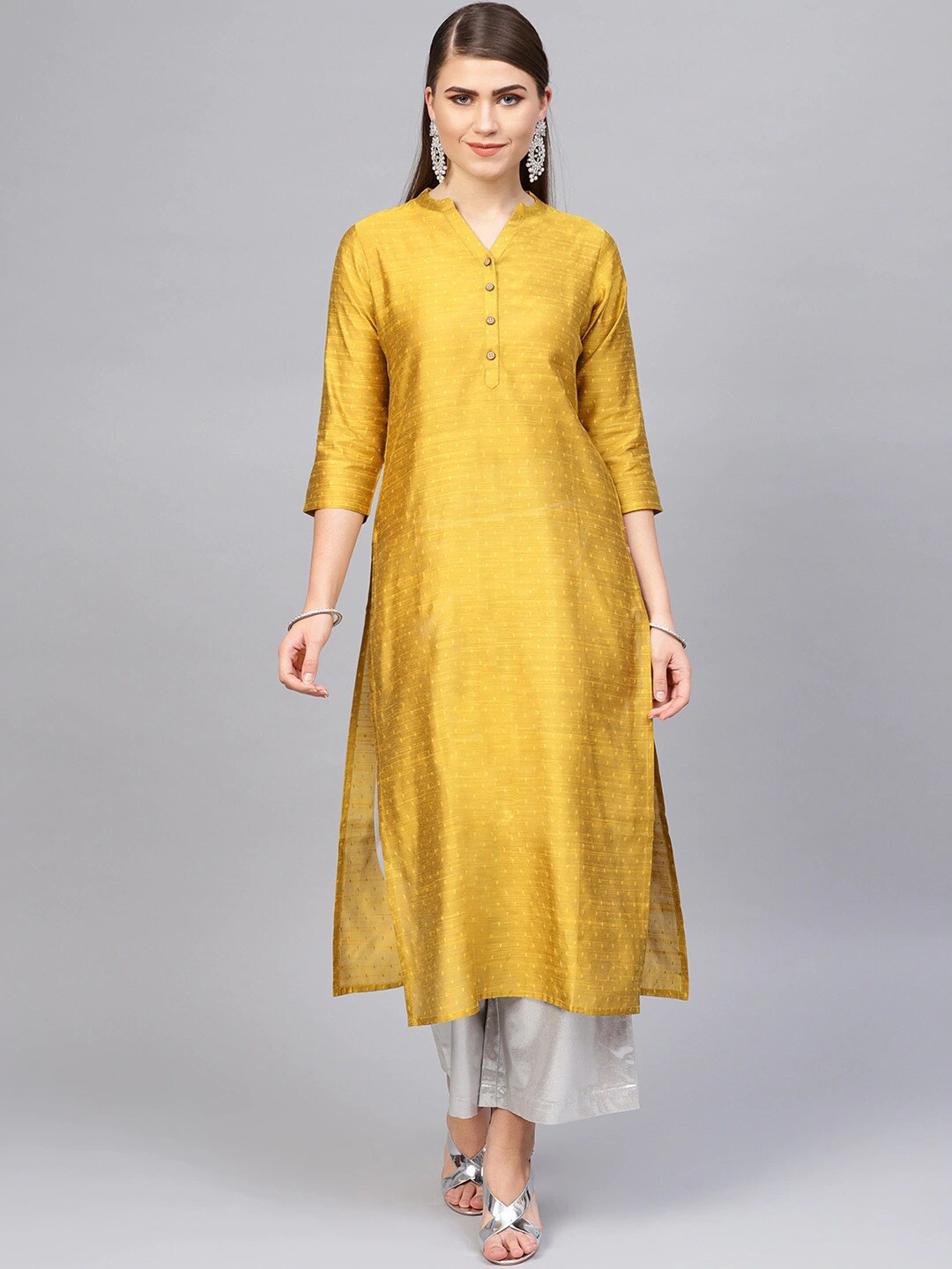 

Varanga Women Mustard Yellow Striped Gotta Patti Dobby Kurta