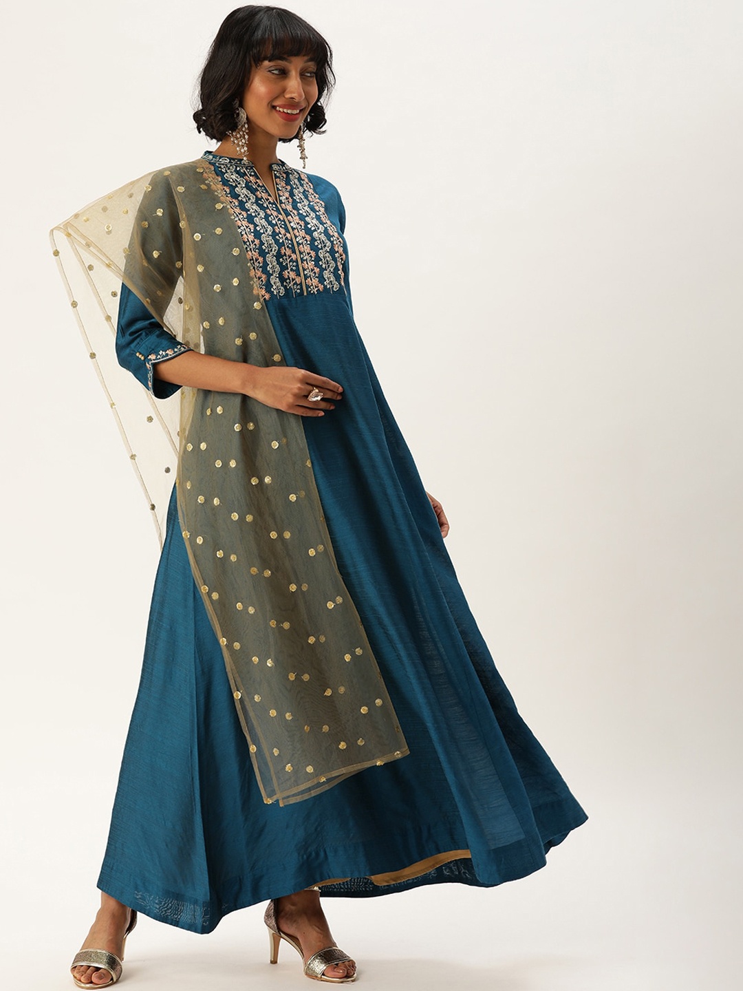 

Varanga Women Teal Ethnic Motifs Printed Flared Sleeves Anarkali Kurta