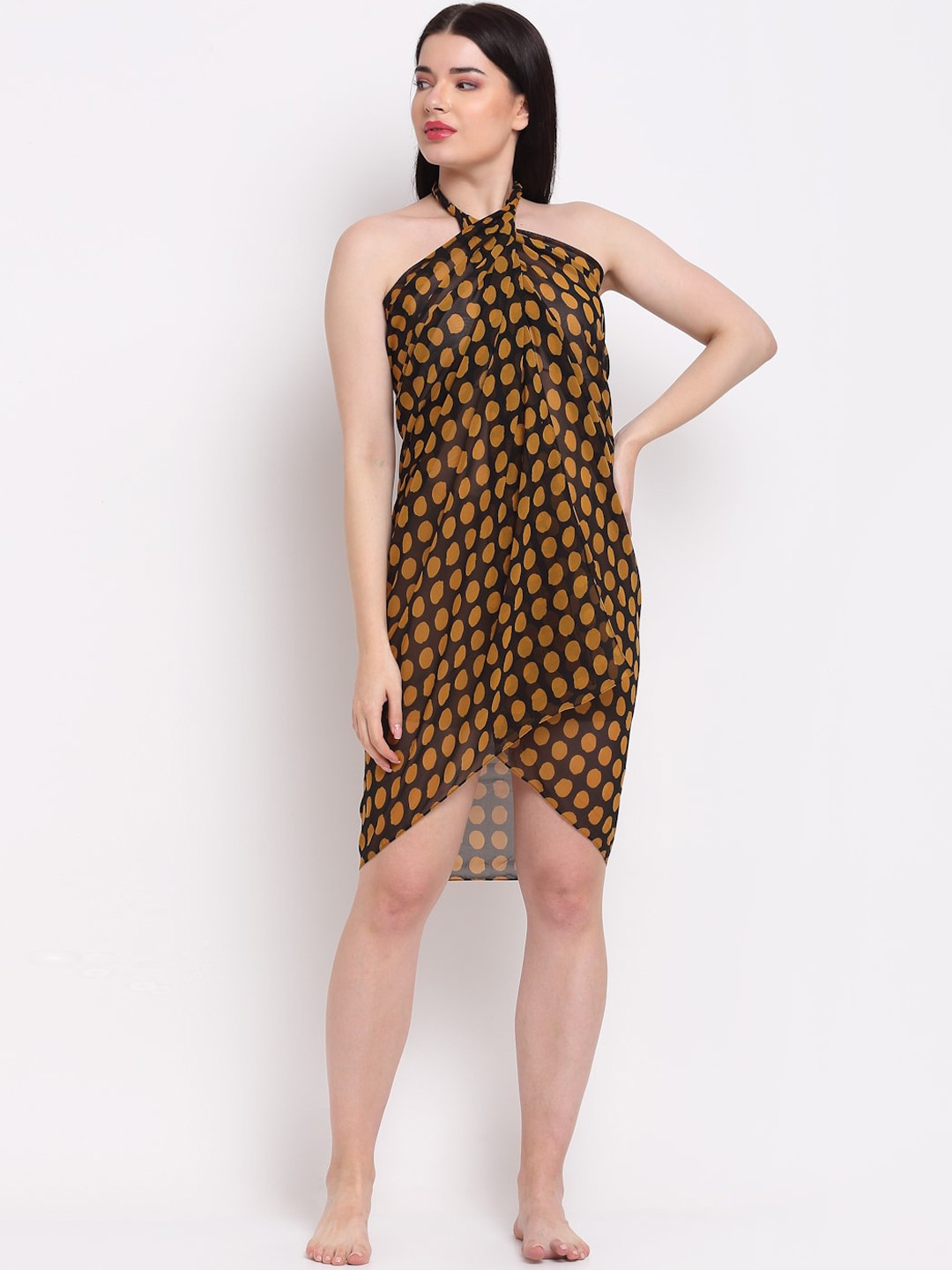 

EROTISSCH Women Black & Mustard Yellow Checked Swimwear Cover up Sarong