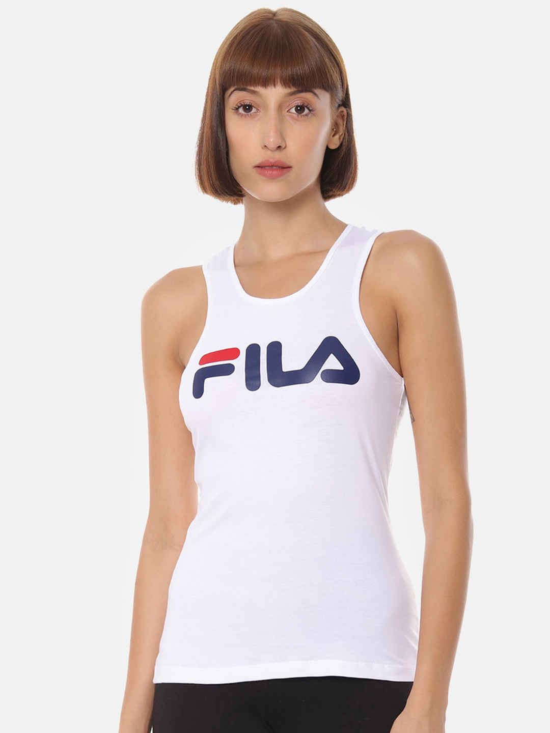 

FILA Women White & Navy Blue Brand Logo Printed Pure Cotton T-shirt