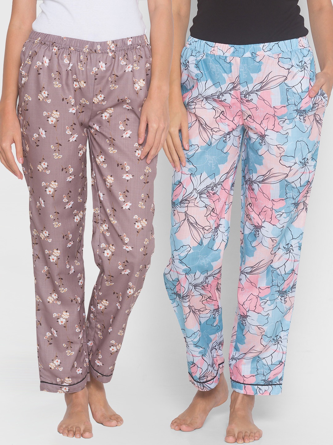 

FashionRack Women Pack of 2 Brown & Blue Printed Lounge Pants